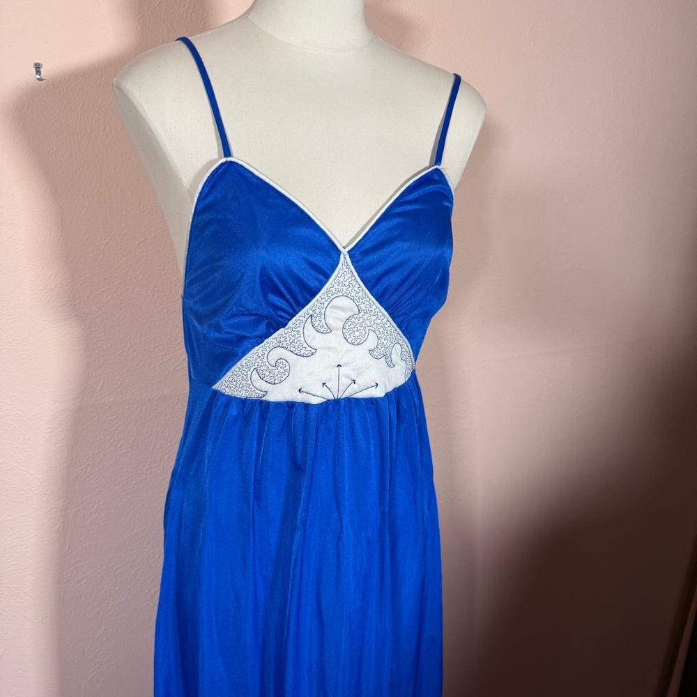 Vintage 1980 Art deco Royal Blue Long Slip Dress Nightgown - Picture 4 of 16